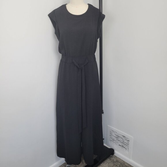 Calvin Klein Black Wide Leg Crop Jumpsuit Tie Waist Short Sleeve - Picture 1 of 10